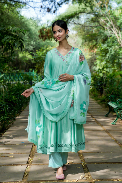 Mint Blue Embroidered Kalidar Set of 3