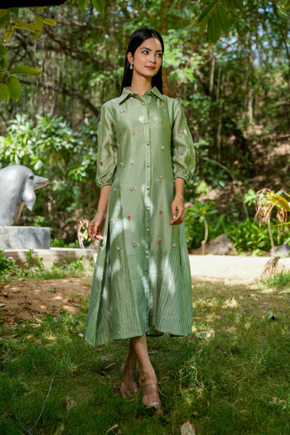 Green Opulance Embroidered Shirt Dress