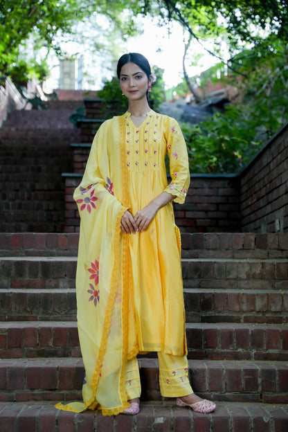 Sunshine Yellow Hand Embroidered  Kurta Set of 3