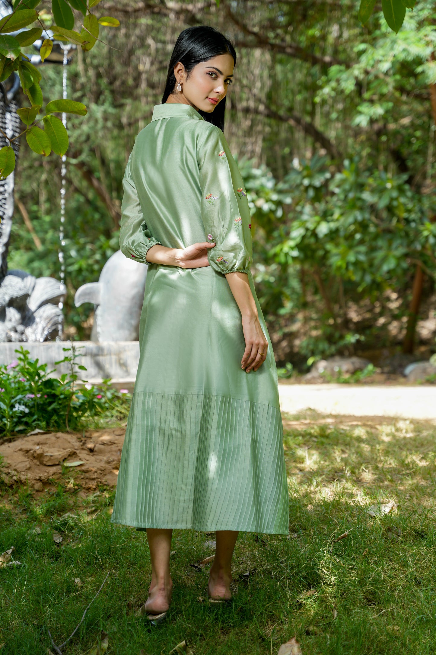 Green Opulance Embroidered Shirt Dress