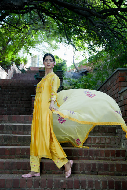 Sunshine Yellow Hand Embroidered  Kurta Set of 3