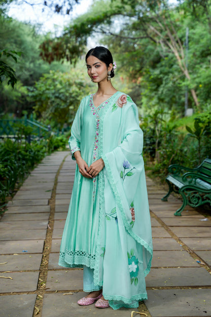 Mint Blue Embroidered Kalidar Set of 3