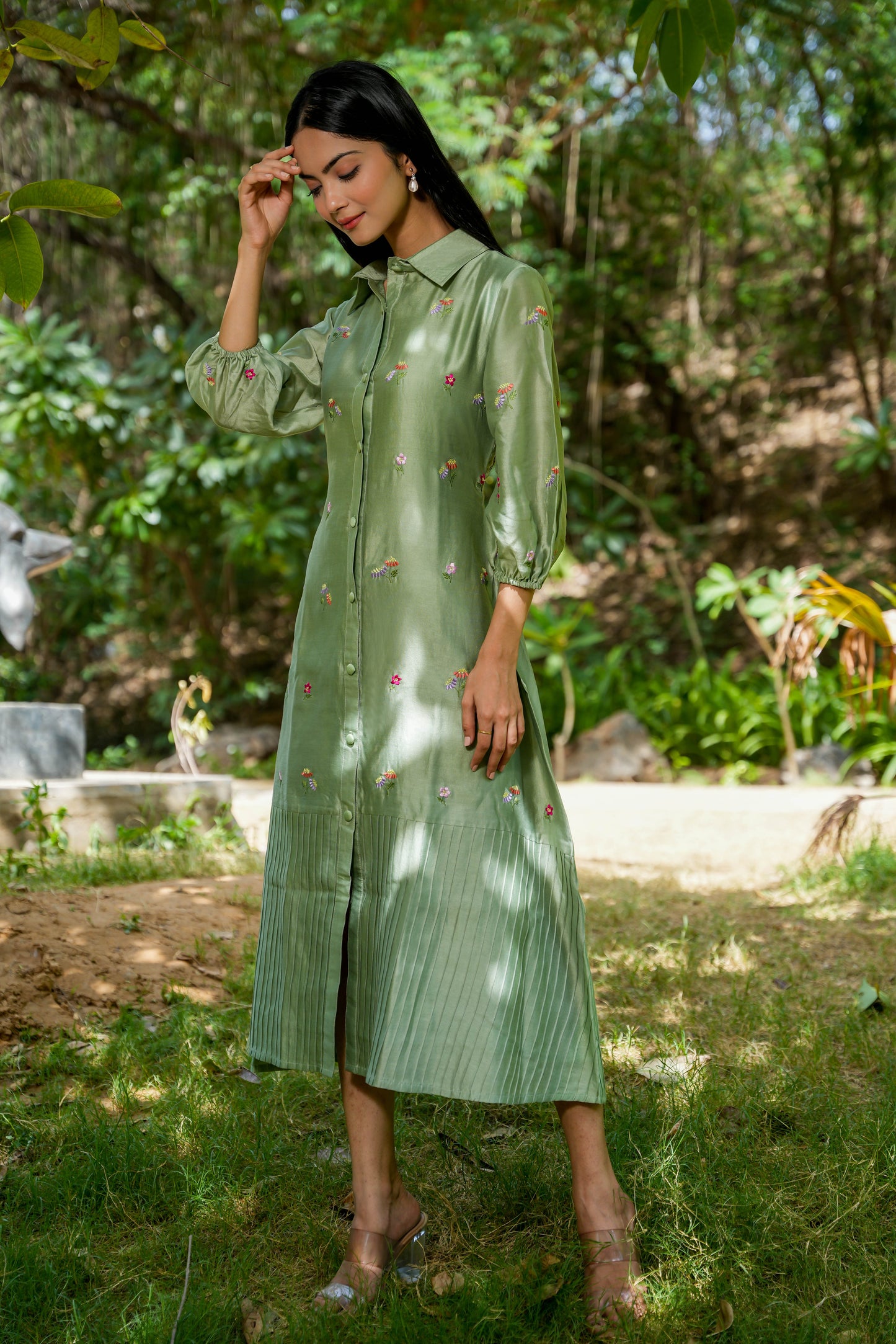 Green Opulance Embroidered Shirt Dress