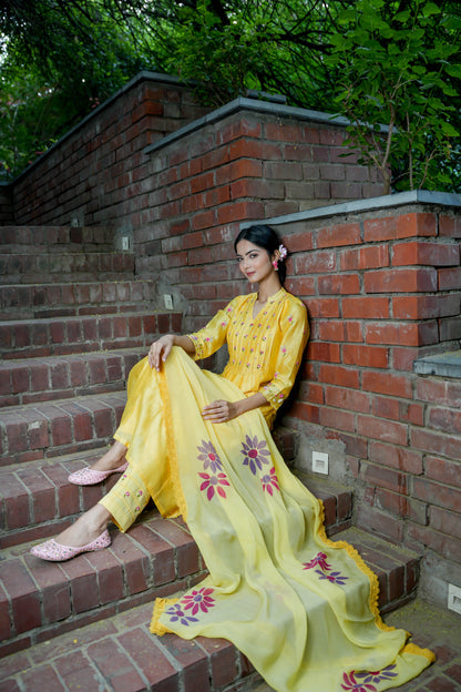 Sunshine Yellow Hand Embroidered  Kurta Set of 3