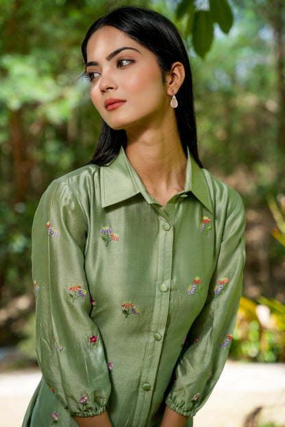 Green Opulance Embroidered Shirt Dress