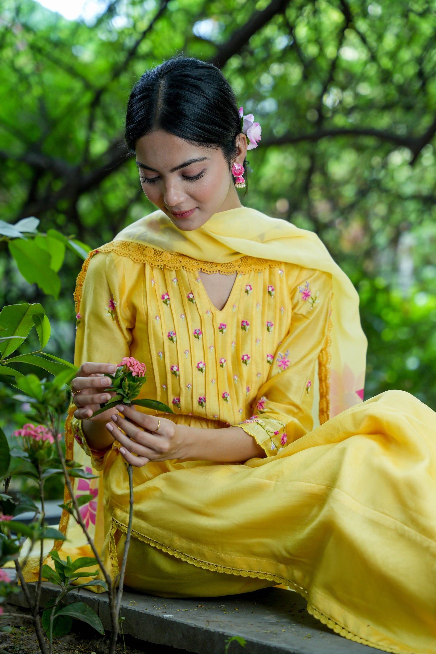 Sunshine Yellow Hand Embroidered  Kurta Set of 3