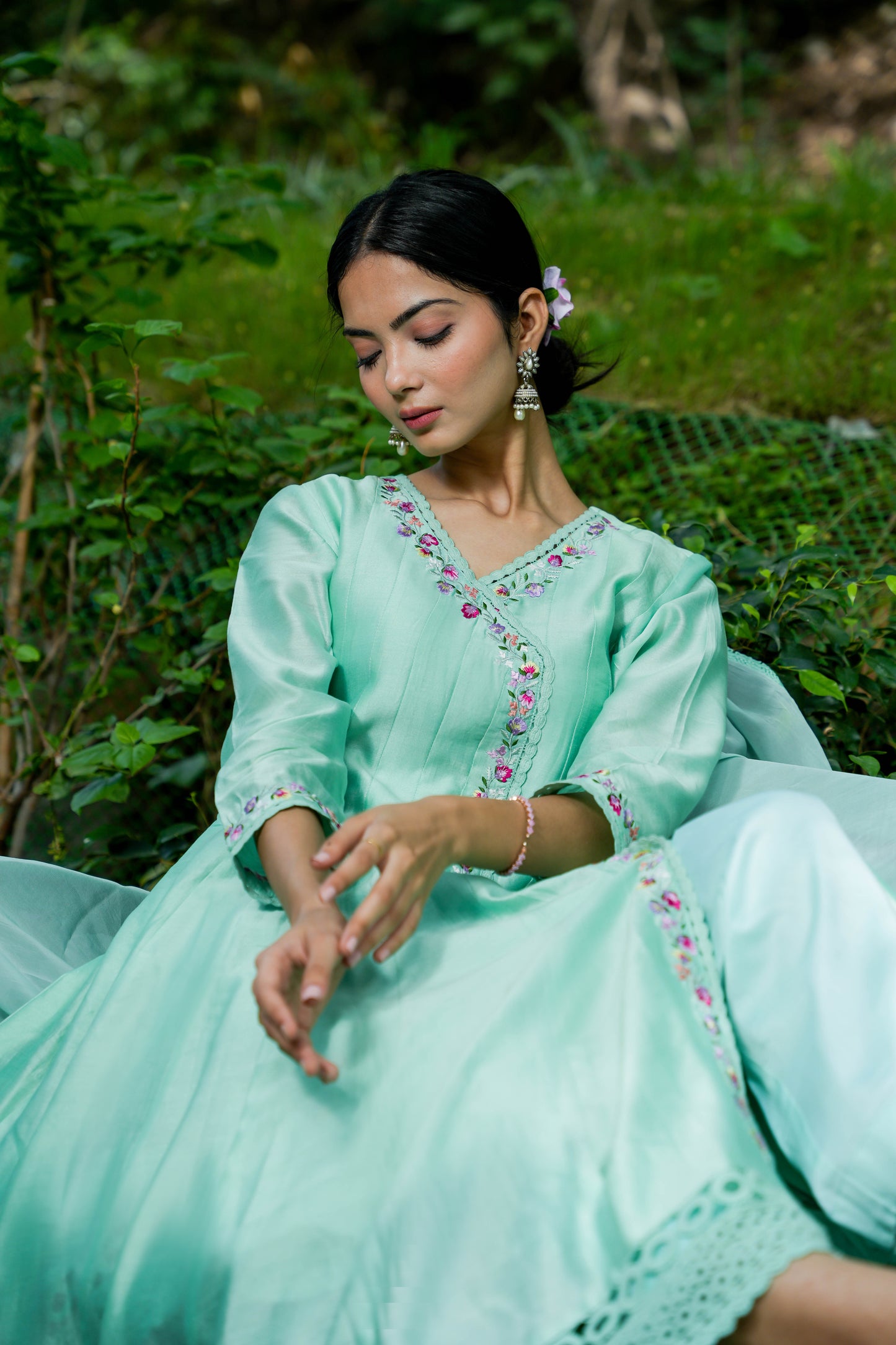 Mint Blue Embroidered Kalidar Set of 3