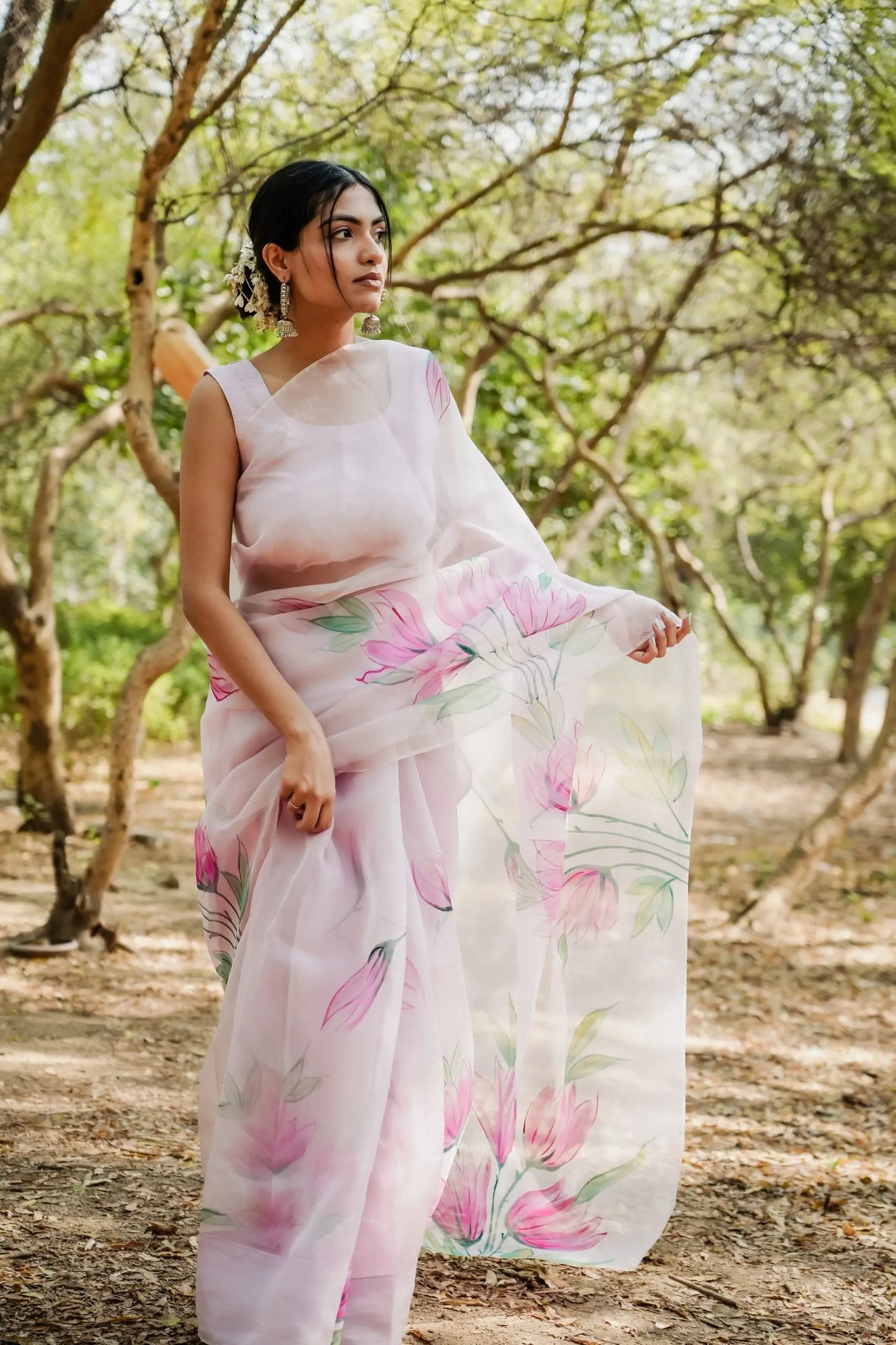 Blushing Petals (Handpainted Orgazna Saree)