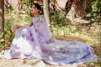 Lavender Haze (Handpainted Organza Saree)