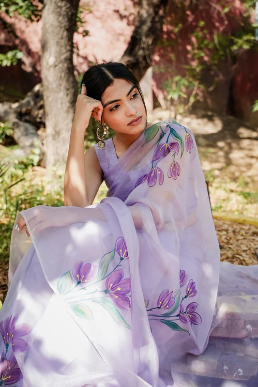 Lavender Haze (Handpainted Organza Saree)