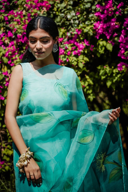 Aqua Mist (Handpainted Organza Saree)