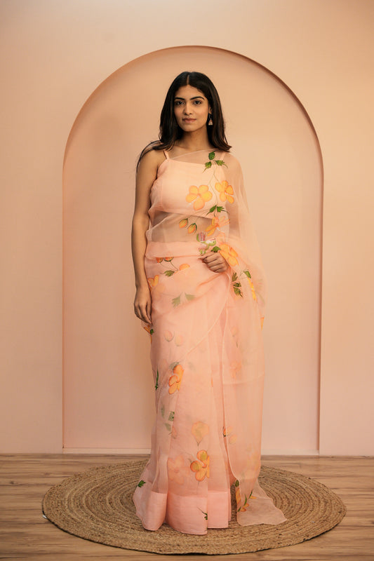 Soft Peach Hand Painted Organza Saree with Unstitched Blouse