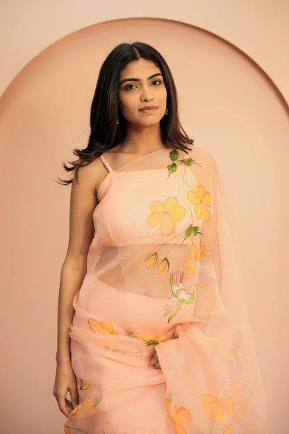 Soft Peach Hand Painted Organza Saree with Unstitched Blouse