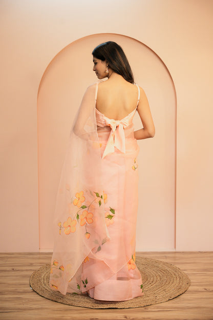 Soft Peach Hand Painted Organza Saree with Unstitched Blouse