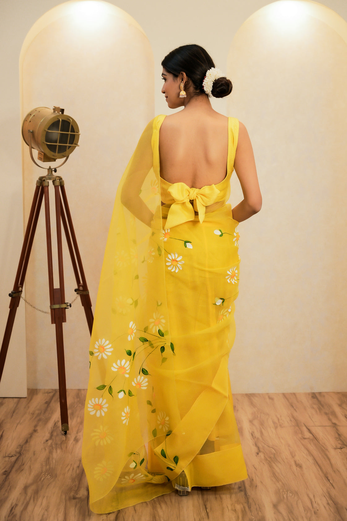 Golden Glow Hand Painted Organza Saree with Unstitched Blouse