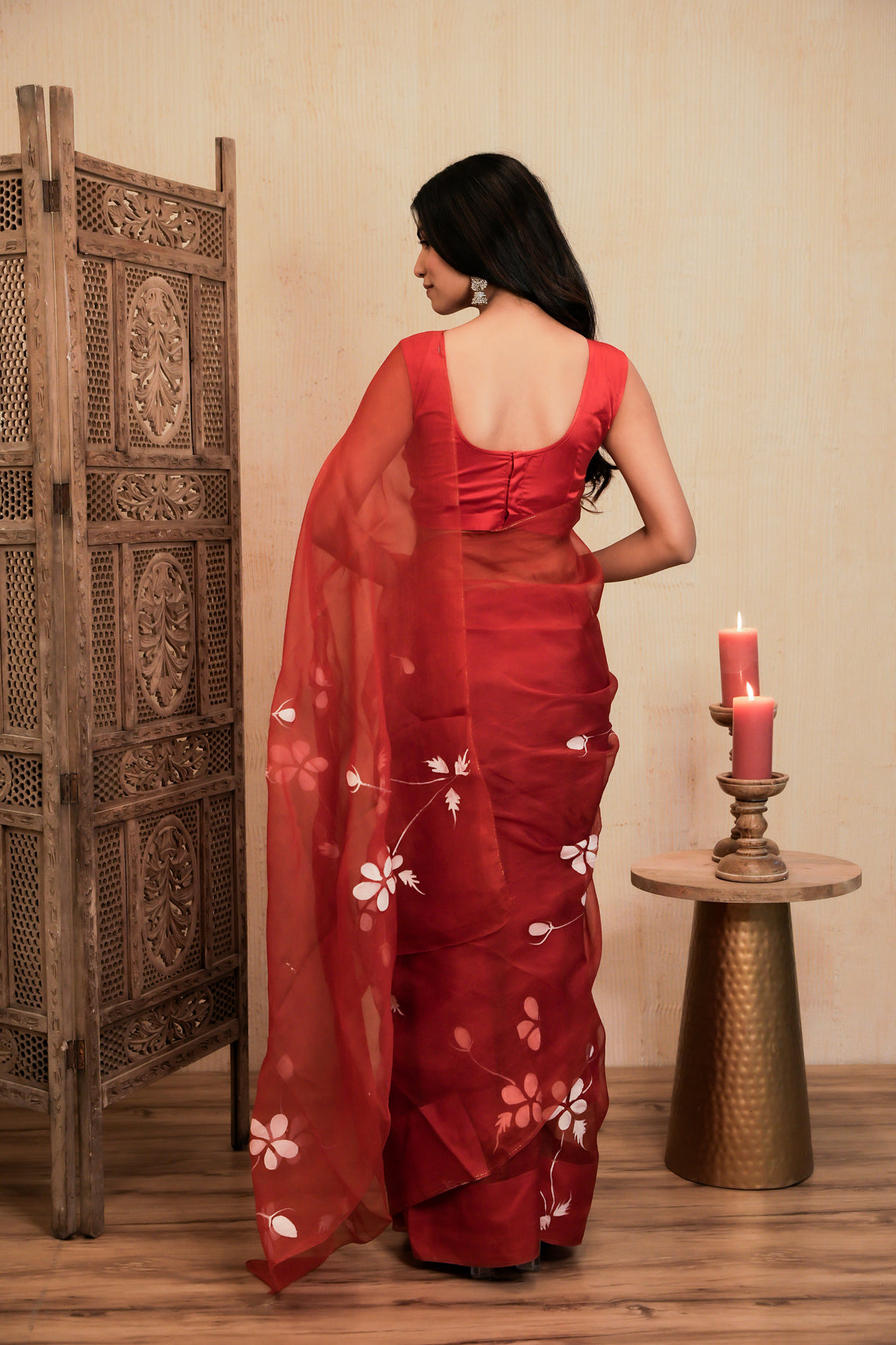 Wine Tinted Hand Painted Organza Saree with Unstitched Blouse