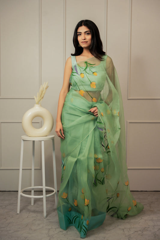 Forest Fern Hand Painted Organza Saree with Unstitched Blouse