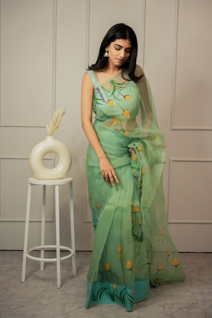 Forest Fern Hand Painted Organza Saree with Unstitched Blouse