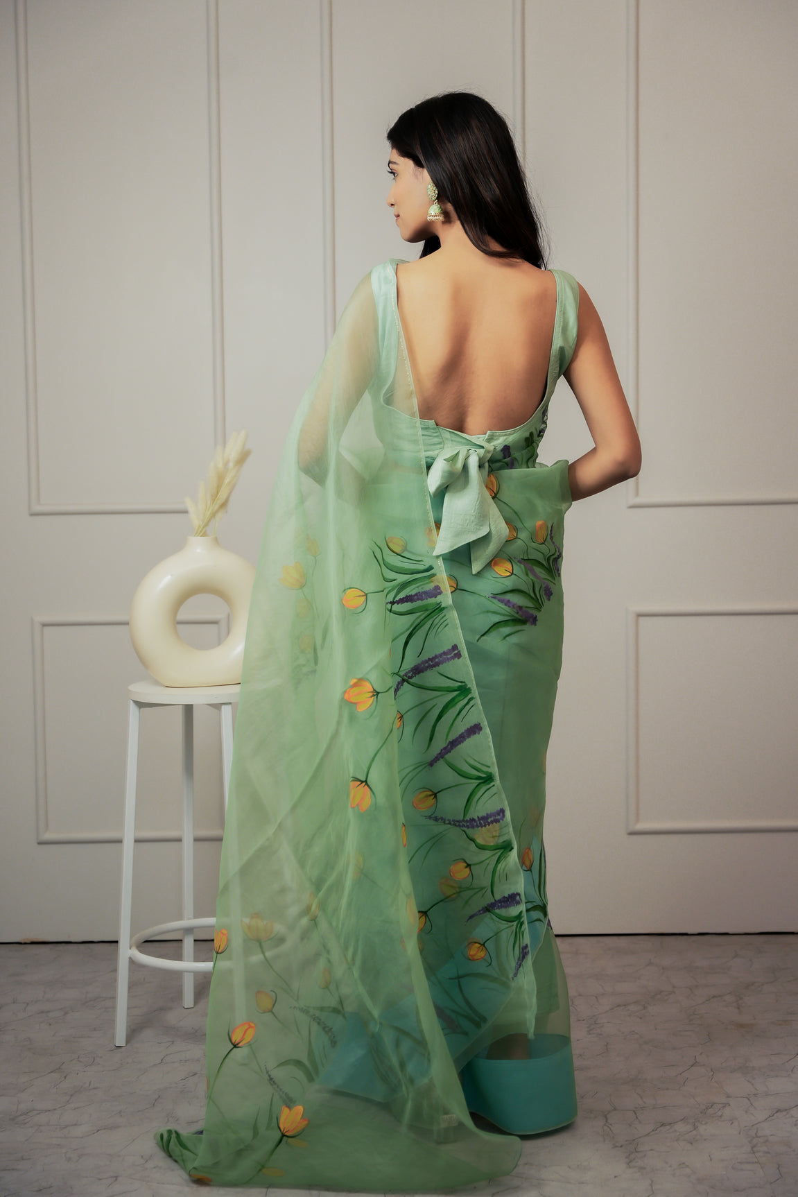 Forest Fern Hand Painted Organza Saree with Unstitched Blouse