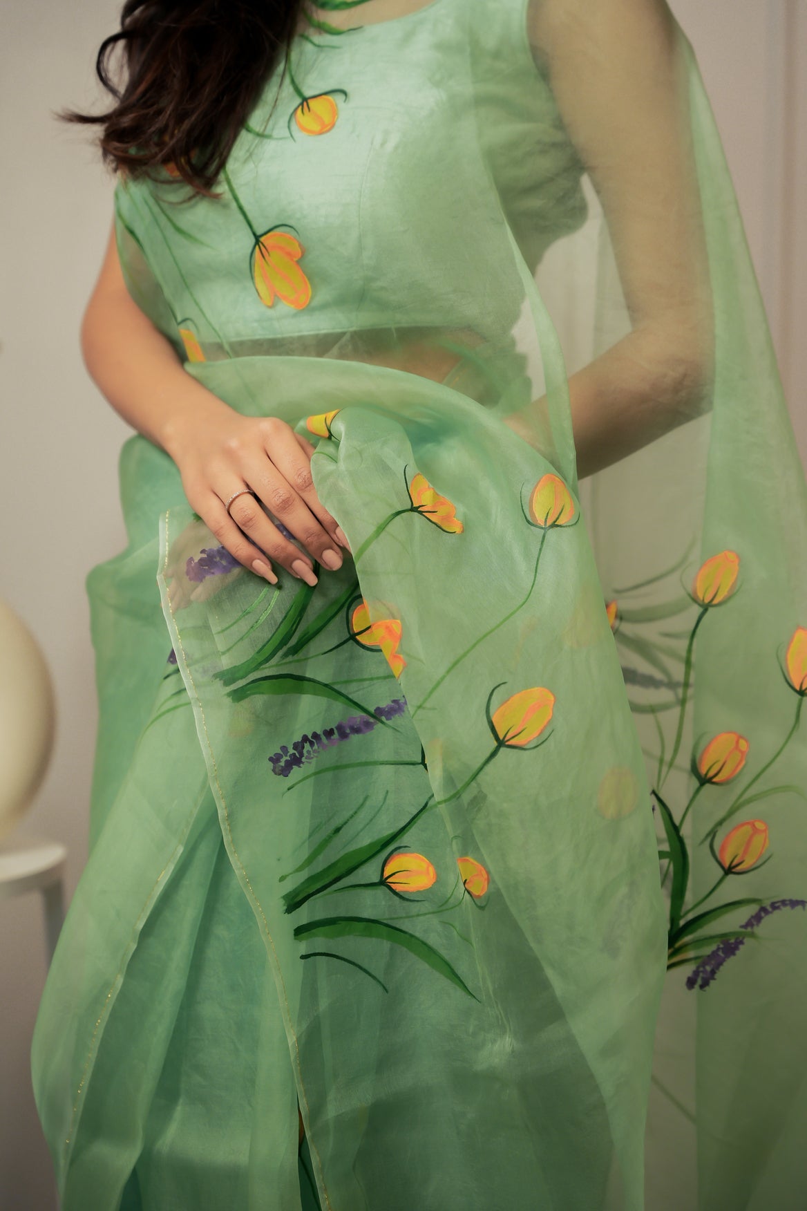 Forest Fern Hand Painted Organza Saree with Unstitched Blouse