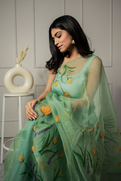 Forest Fern Hand Painted Organza Saree with Unstitched Blouse