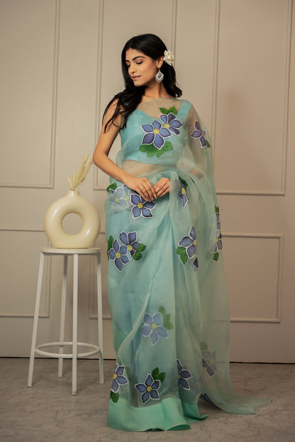 Evening Blue Hand Painted Organza Saree with Unstitched Blouse