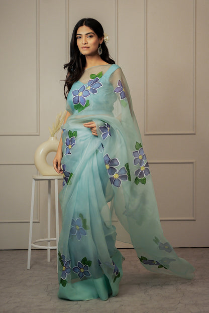 Evening Blue Hand Painted Organza Saree with Unstitched Blouse