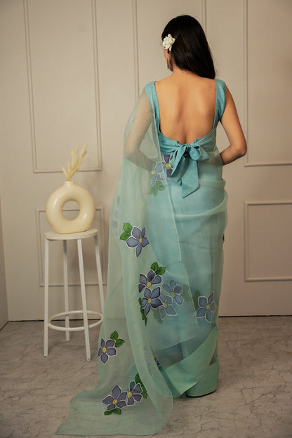 Evening Blue Hand Painted Organza Saree with Unstitched Blouse