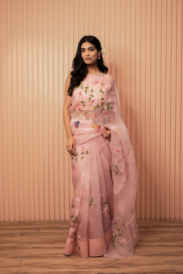 Pink Pearl Hand Painted Organza Saree with Unstitched Blouse