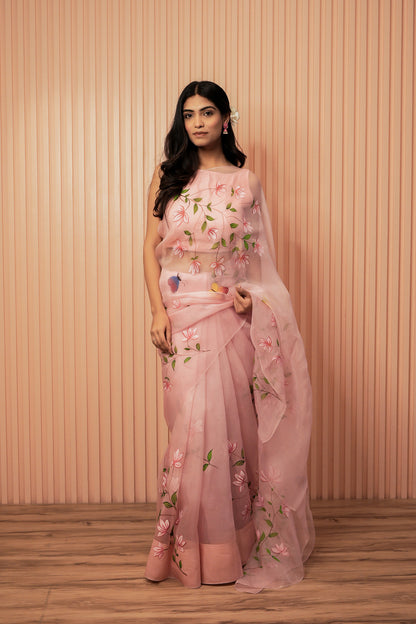 Pink Pearl Hand Painted Organza Saree with Unstitched Blouse