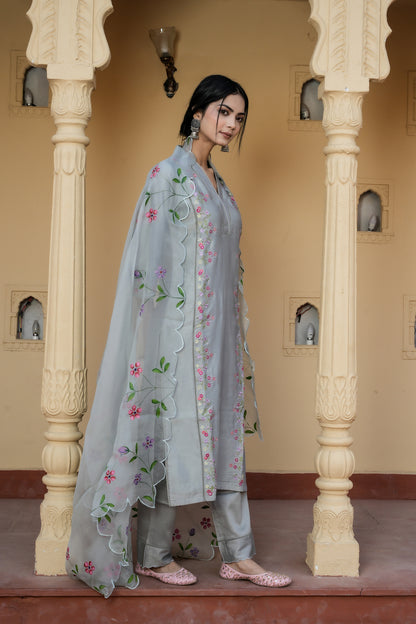 Grey Serenity Embroidered Suit Set Of 3