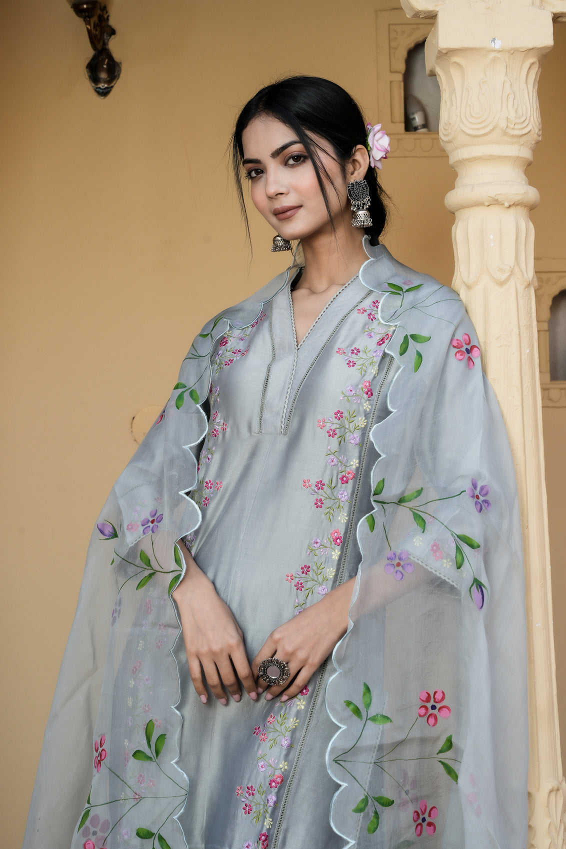 Grey Serenity Embroidered Suit Set Of 3