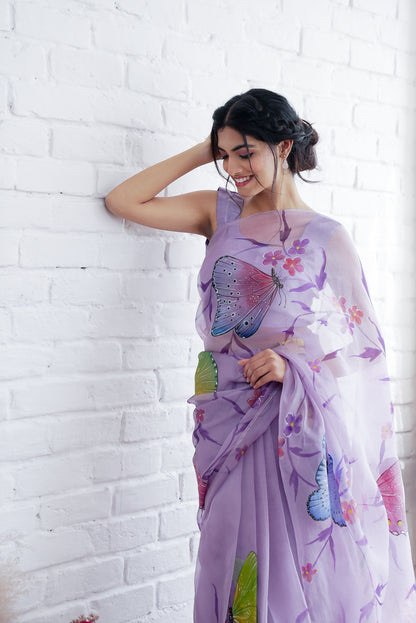 Aqidat Handpainted Organza Saree