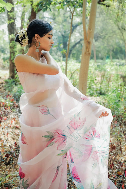 Blushing Petals (Handpainted Orgazna Saree)