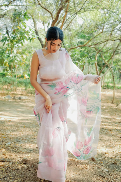 Blushing Petals (Handpainted Orgazna Saree)