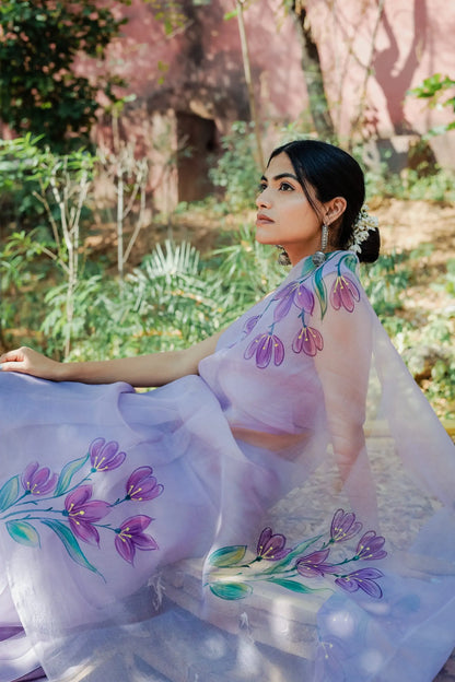 Lavender Haze (Handpainted Organza Saree)