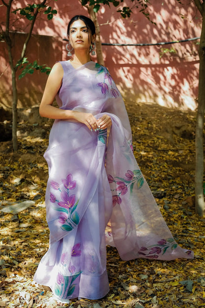 Lavender Haze (Handpainted Organza Saree)