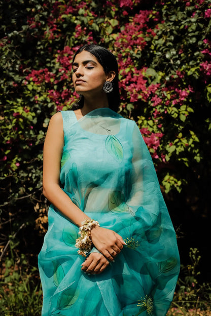 Aqua Mist (Handpainted Organza Saree)