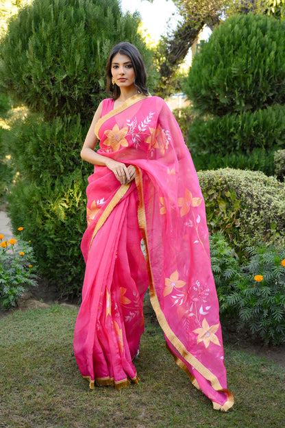 Gulabi Noor Handpainted Organza Saree