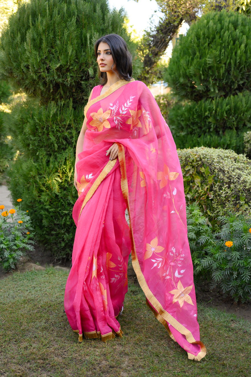 Gulabi Noor Handpainted Organza Saree