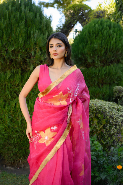 Gulabi Noor Handpainted Organza Saree