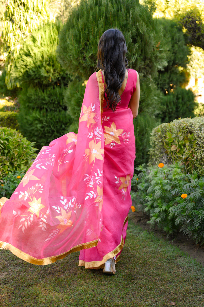 Gulabi Noor Handpainted Organza Saree