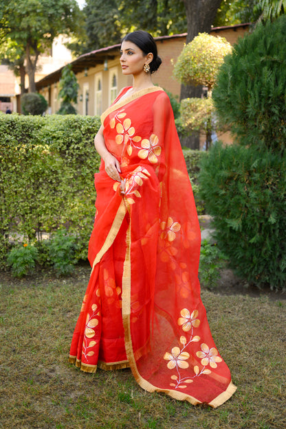 Sunehri Shagun Handpainted Orgazna Saree