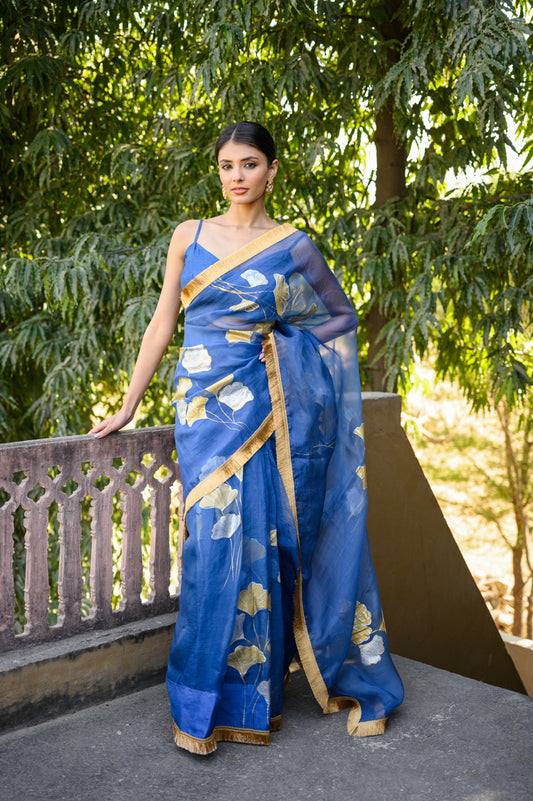 Sunehri Lehar Handpainted Organza Saree