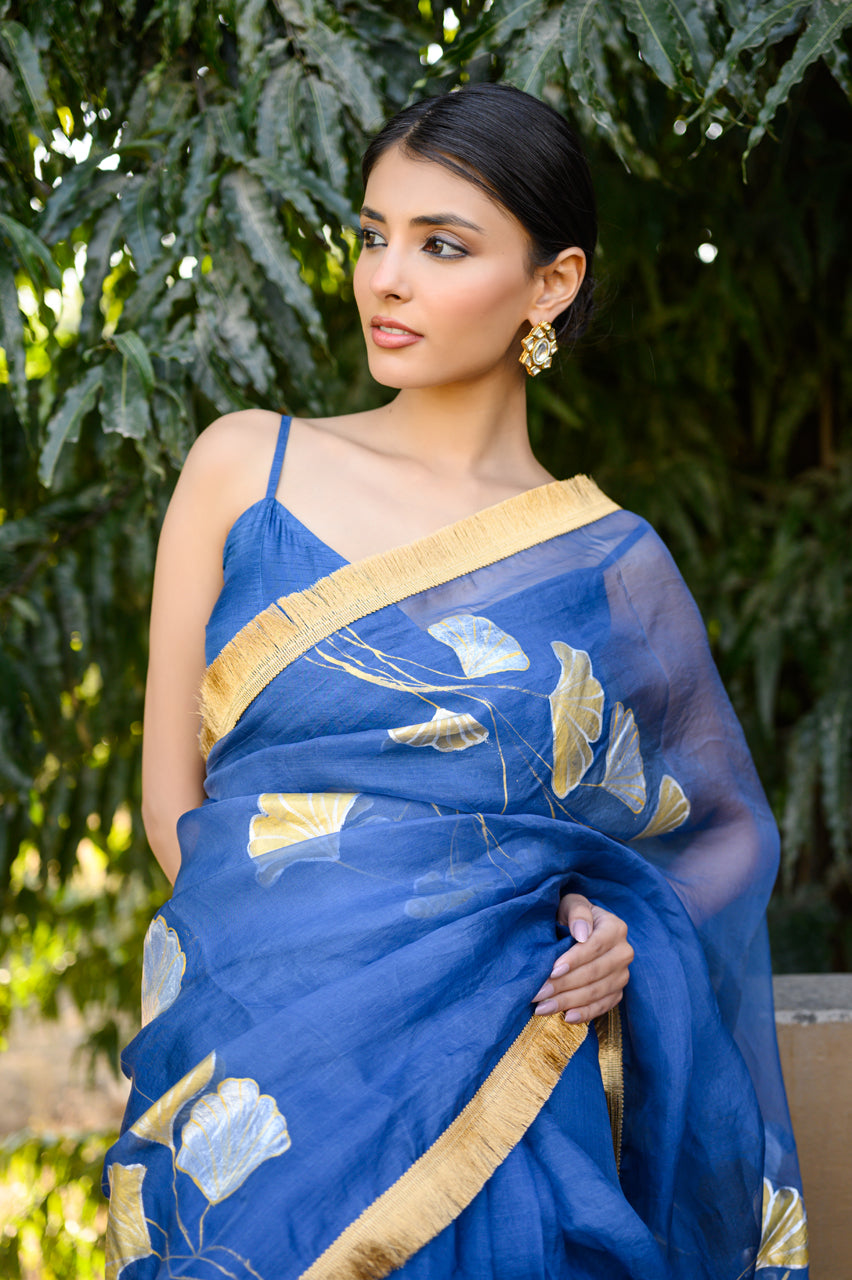 Sunehri Lehar Handpainted Organza Saree