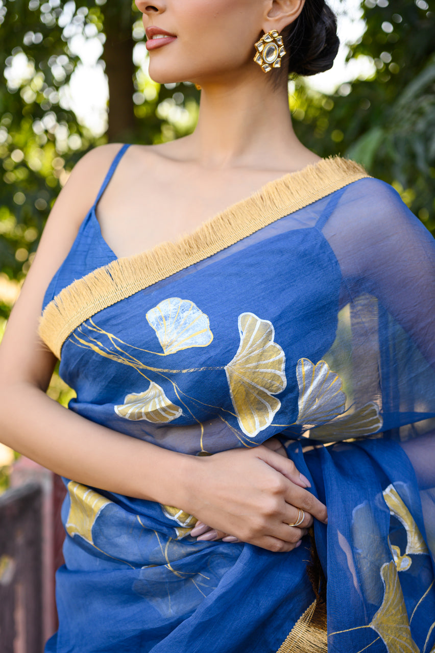 Sunehri Lehar Handpainted Organza Saree