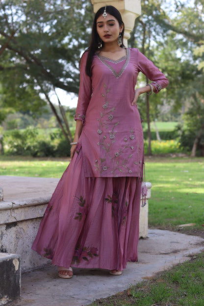 MAUVE EMBROIDERED KURTI WITH HANDPAINTED SHARARA