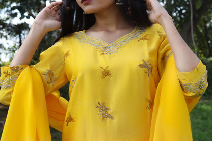 YELLOW HANDPAINTED KURTI WITH SHARARA (SET OF 3)